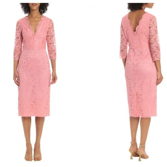 Maggy London NWT Pink V-Neck Lace Midi Dress 3/4 Sleeves Size 10 Blush Pink - Picture 6 of 11